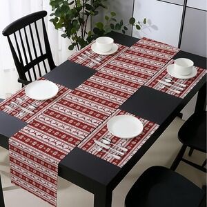 Fair Isle Holiday Table Runner & 4 Placemats 100% Polyester Water Resistant NIB